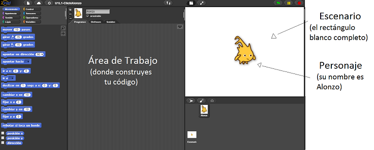 picture of Snap! window with white rectangle at right labeled 'Stage' and yellow character on that stage labeled 'Sprite named Alonzo'