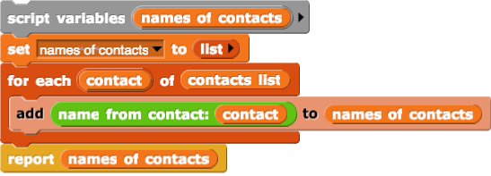 script variables (names of contacts), set (names of contacts) to (list), for each (contact) of (contacts list): (add (name from contact: (contact)) to (names of contacts)), report (names of contacts)