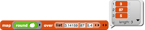 map (round ( )) over (list (3.14159) (87) (5.4)) reporting map (round ( )) over (list (3.14159) (87) (5.4)) reporting