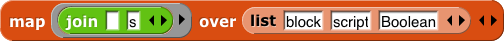 map (join( )(s)) over (list{block, script, Boolean}) map (join( )(s)) over (list{block, script, Boolean})