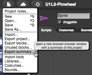 image of Snap! file menu open with mouse over 'Export summary...' There is a balloon showing above the pointer that says, 'open a new browser browser window with a summary of the project'